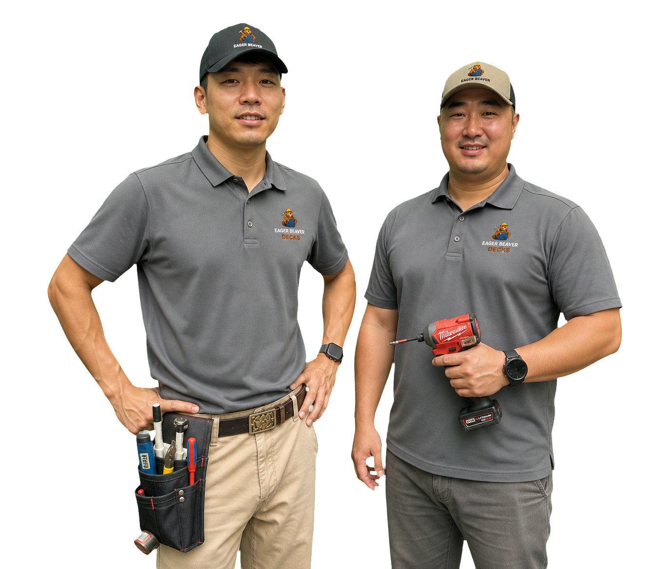 Two Eager Beaver Decks crew members in branded uniforms