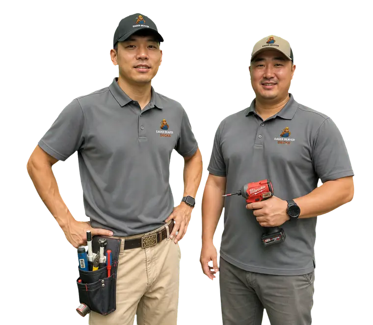 Two Eager Beaver Decks crew members in branded uniforms