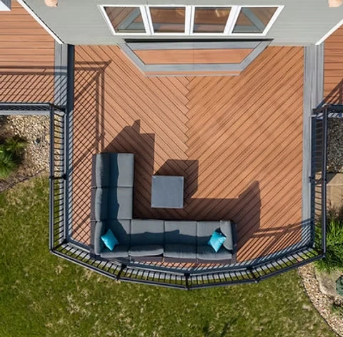 Aerial view of a composite deck with black railings
