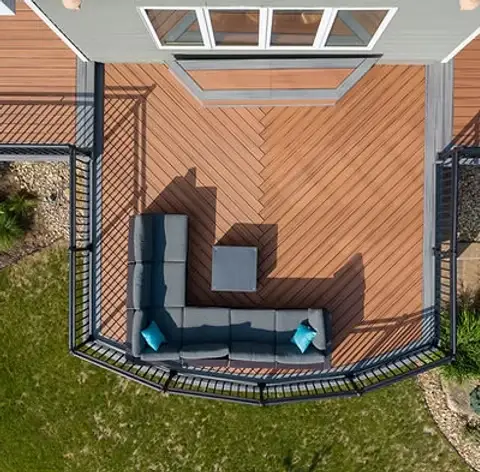 Aerial view of a composite deck with black railings